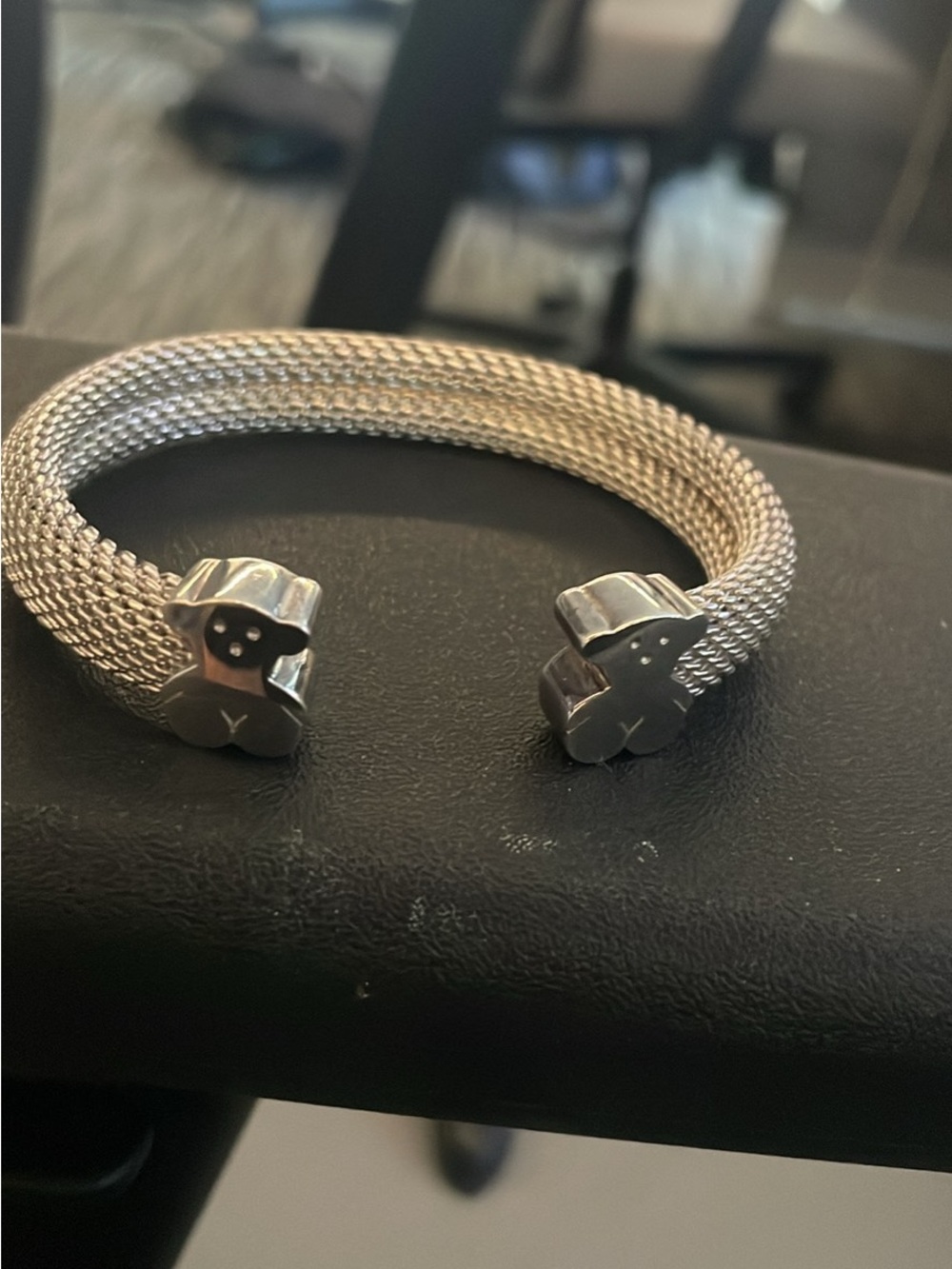 Tous Silver Mesh Open Cuff Bracelet with Bear Endcaps